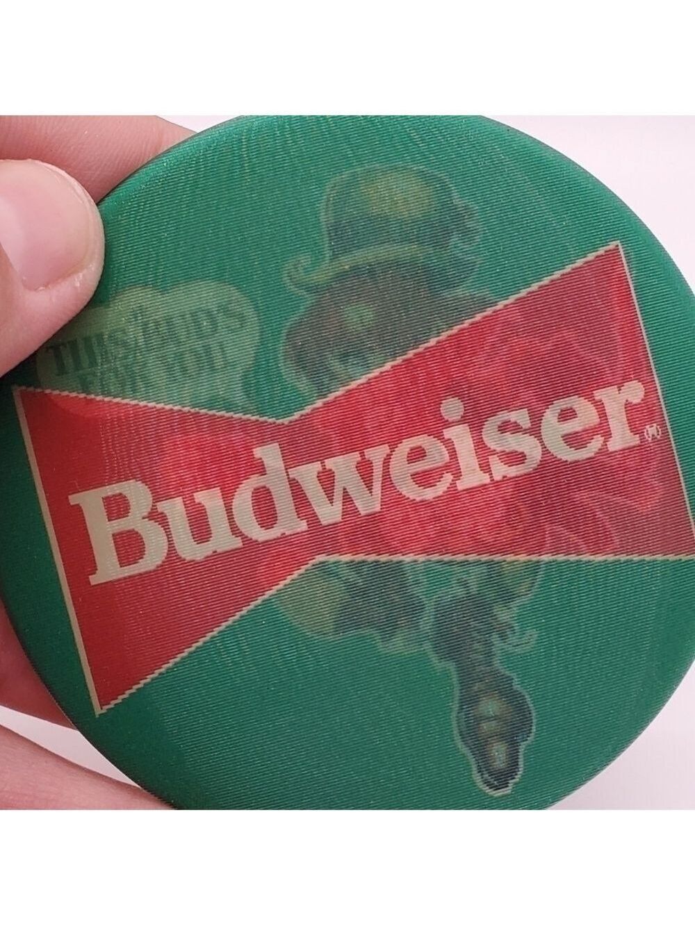 Vtg Holographic Budweiser leprechaun pin button